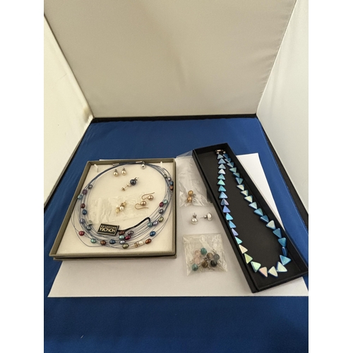 603 - A COLOURED STONE NECKLACE, NINE PAIRS OF COLOURED STONE EARRINGS AND A FURTHER BLUE NECKLACE