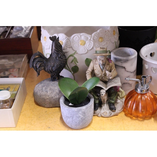 803 - A QUANTITY OF PLANTERS, FLOWERS, A VASE, CAPODIMONTE STYLE FIGURE, COCKEREL, GUINEA PIG, ETC