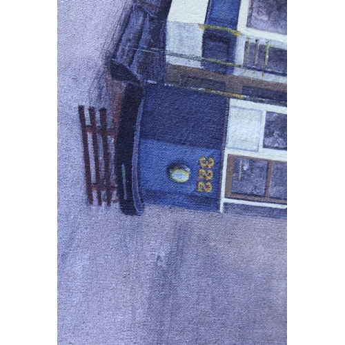 841 - A PAINTING OF A CITY TRAM EN ROUTE, 61CM X 43CM