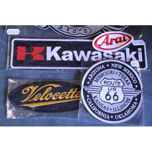 842 - A QUANTITY OF AS NEW, CLOTH SEW-ON BADGES TO INCLUDE KAWASAKI, HARLEY-DAVIDSON, ETC.,