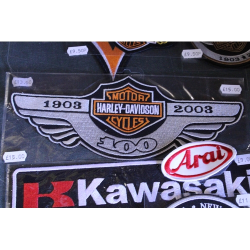 842 - A QUANTITY OF AS NEW, CLOTH SEW-ON BADGES TO INCLUDE KAWASAKI, HARLEY-DAVIDSON, ETC.,