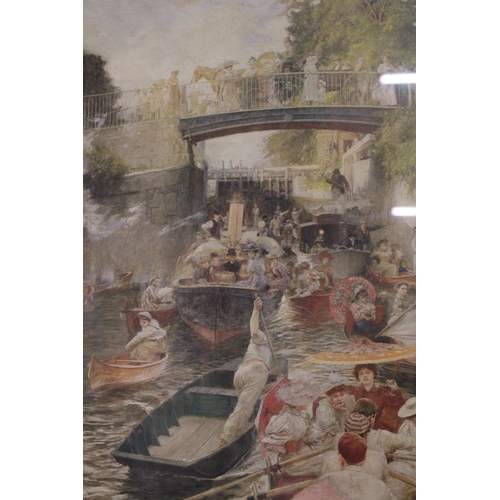 847 - A VINTAGE, VIBRANT PRINT OF BOULTERS LOCK, MAIDENHEAD, 60CM X 82CM