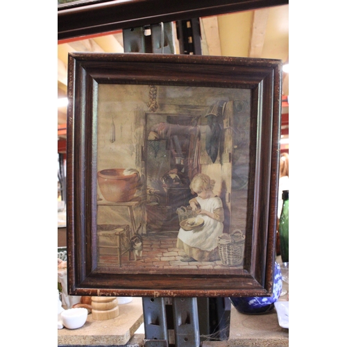 853 - A FRAMED PRINT OF A YOUNG GIRL IN A KITCHEN PEELING POTATOES WITH A CAT