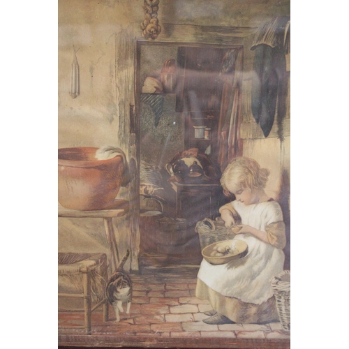 853 - A FRAMED PRINT OF A YOUNG GIRL IN A KITCHEN PEELING POTATOES WITH A CAT