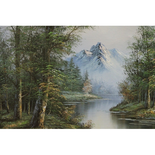 854 - A SIGNED OIL ON CANVAS OF A RIVER AND MOUNTAIN SCENE