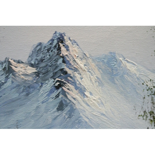 854 - A SIGNED OIL ON CANVAS OF A RIVER AND MOUNTAIN SCENE