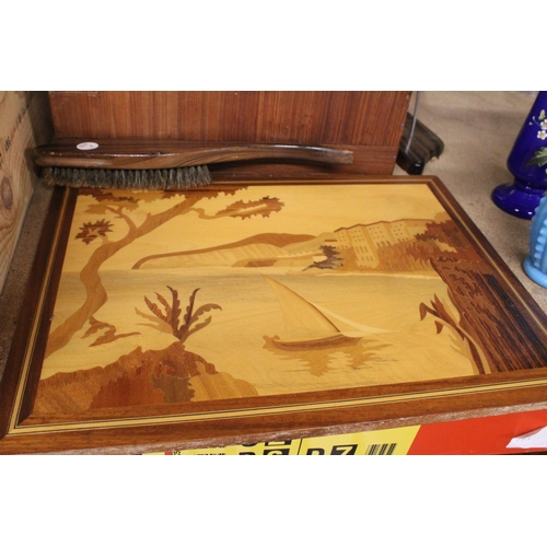 879 - A MIXED LOT OF TREEN TO INCLUDE A INLAY VENEER MARQUETRY SAILBOAT AND HARBOR SCENE TOGETHER WITH A V... 