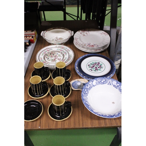 952 - FIVE STUDIO POTTERY CUPS AND SIX SAUCERS, INDIAN TREE PLATES AND BOWL, JOHNSON BROS. 'ROSE CHINTZ PL... 