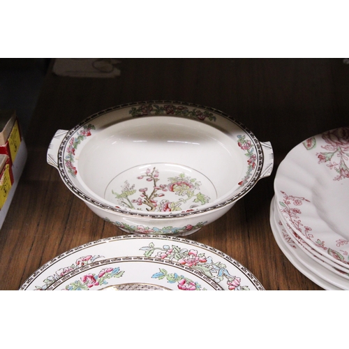 952 - FIVE STUDIO POTTERY CUPS AND SIX SAUCERS, INDIAN TREE PLATES AND BOWL, JOHNSON BROS. 'ROSE CHINTZ PL... 