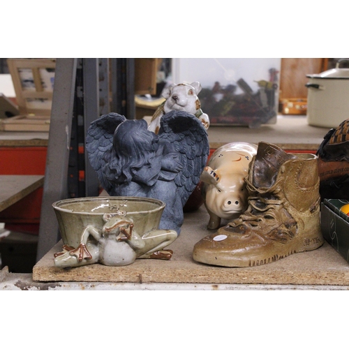 964 - FIVE ORNAMENTS TO INCLUDE A LARGE RABBIT, PIG, ANGEL, BOOT AND A STUDIO POTTERY FROG DISH