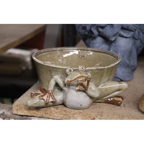 964 - FIVE ORNAMENTS TO INCLUDE A LARGE RABBIT, PIG, ANGEL, BOOT AND A STUDIO POTTERY FROG DISH