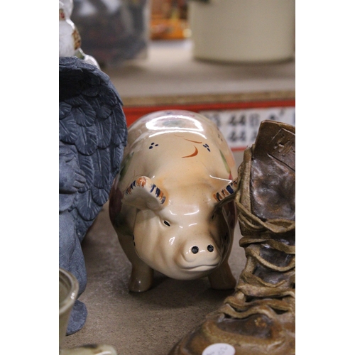 964 - FIVE ORNAMENTS TO INCLUDE A LARGE RABBIT, PIG, ANGEL, BOOT AND A STUDIO POTTERY FROG DISH