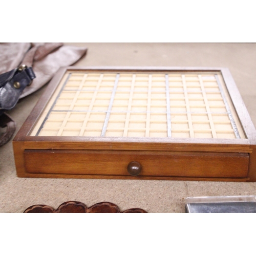 968 - A WOODEN SUDOKU GAME WITH DRAWER AND NUMBERS PLAYING CARDS, DARTS, ETC.