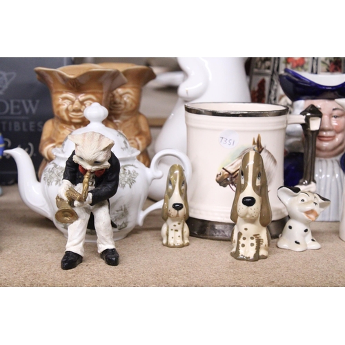 976 - A QUANTITY OF CERAMICS TO INCLUDE TOBY JUGS, JUGS, A 101 DALMATIONS PHOTO FRAME, ANIMAL FIGURES, ETC