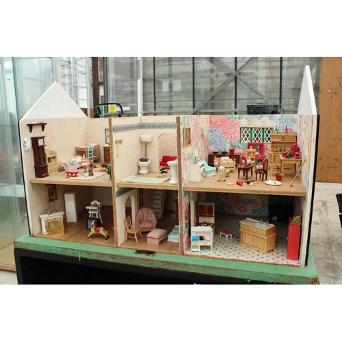 1712 - A LARGE DOLLS HOUSE WITH BASE, FULLY FURNISHED WITH DETACHABLE ROOF AND FRONT PANEL