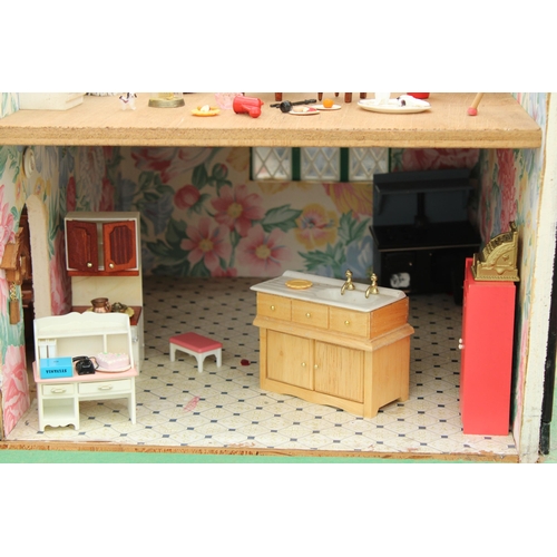 1712 - A LARGE DOLLS HOUSE WITH BASE, FULLY FURNISHED WITH DETACHABLE ROOF AND FRONT PANEL