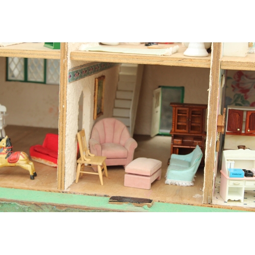 1712 - A LARGE DOLLS HOUSE WITH BASE, FULLY FURNISHED WITH DETACHABLE ROOF AND FRONT PANEL