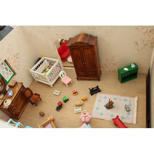 1712 - A LARGE DOLLS HOUSE WITH BASE, FULLY FURNISHED WITH DETACHABLE ROOF AND FRONT PANEL