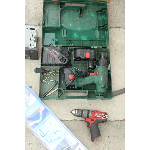 1718 - AN ASSORTMENT OF ITEMS TO INCLUDE A BOSCH BATTERY DRILL AND A MILWAKEE BATTERY DRILL ETC