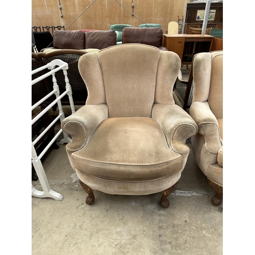 2533 - A 19TH CENTURY STYLE CURVED FRONT TWO SEATER WINGED SETTEE AND CHAIR ON CABRIOLE LEGS PARTLY PAINTED... 