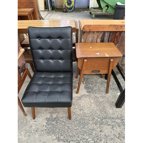 2591 - A MID 20TH CENTURY SEWING BOX/TABLE AND A BLACK VINLY BUTTONED LOUNGE CHAIR