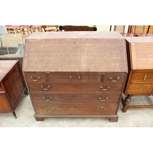 2675 - A GEORGE III OAK AND CROSSBANDED BUREAU WITH FITTED INTERIOR AND DRAWERS TO BASE, 42