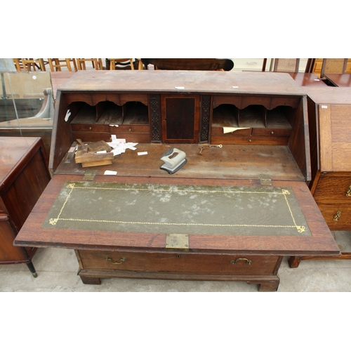 2675 - A GEORGE III OAK AND CROSSBANDED BUREAU WITH FITTED INTERIOR AND DRAWERS TO BASE, 42