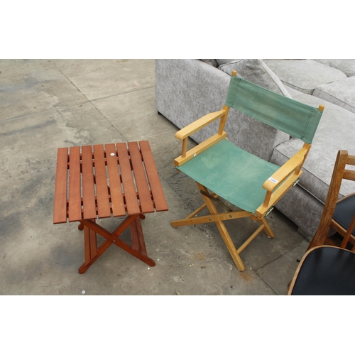 2694 - A FOLDING DIRECTORS STYLE CHAIR AND A FOLDING TABLE