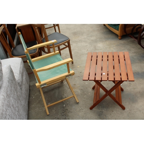 2694 - A FOLDING DIRECTORS STYLE CHAIR AND A FOLDING TABLE