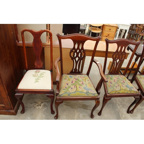 2737 - A SET OF SIX MAHOGANY CHIPPENDALE STYLE CHAIRS WITH PIERCED SPLAT BACKS ON CABRIOLE FRONT LEGS AND S... 