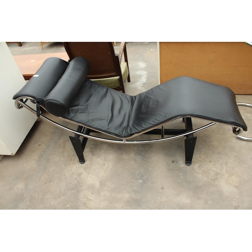 2741 - A MODERN CORBUSIER STYLE CHAISE ON POLISHED CHROME AND METAL FRAME