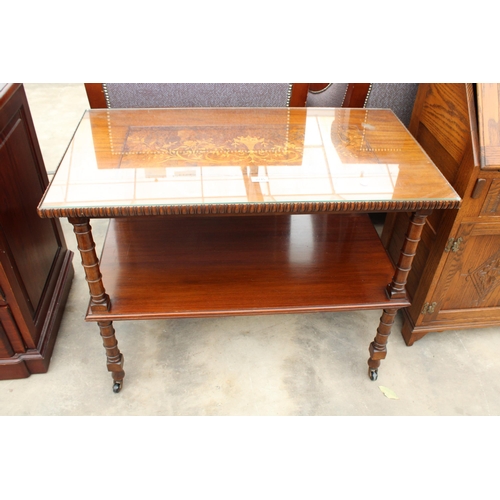 2745 - A 19TH CENTURY STYLE MAHOGANY TWO-TIER TABLE WITH MARQUETRY INSET TOP AND TURNED LEGS, 36