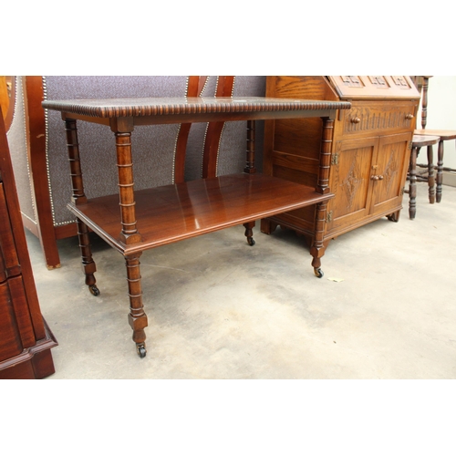 2745 - A 19TH CENTURY STYLE MAHOGANY TWO-TIER TABLE WITH MARQUETRY INSET TOP AND TURNED LEGS, 36