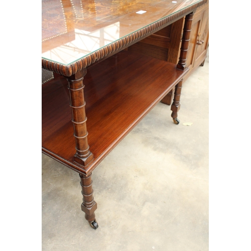 2745 - A 19TH CENTURY STYLE MAHOGANY TWO-TIER TABLE WITH MARQUETRY INSET TOP AND TURNED LEGS, 36