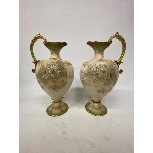 18 - A PAIR OFANTIQUE OLD HALL ENGLAND HANDPAINTED EMBOSSED CERAMIC EWERS WITH FLORAL DECORATION - 40 CM ... 