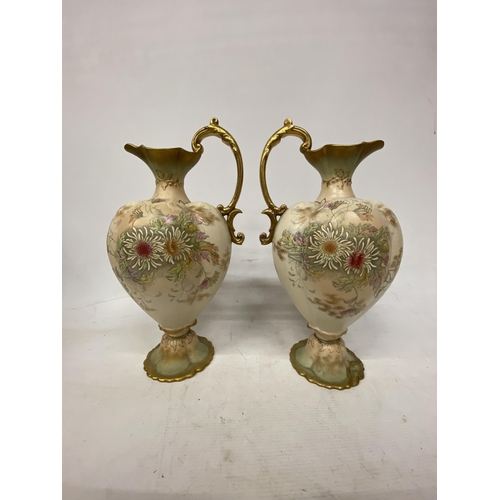 18 - A PAIR OFANTIQUE OLD HALL ENGLAND HANDPAINTED EMBOSSED CERAMIC EWERS WITH FLORAL DECORATION - 40 CM ... 