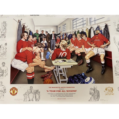 29 - A LIMITED EDITION PENCIL SIGNED MANCHESTER UNITED  LITHOGRAPH 'A TEAM FOR ALL SEASONS' PUBLISHED TO ... 