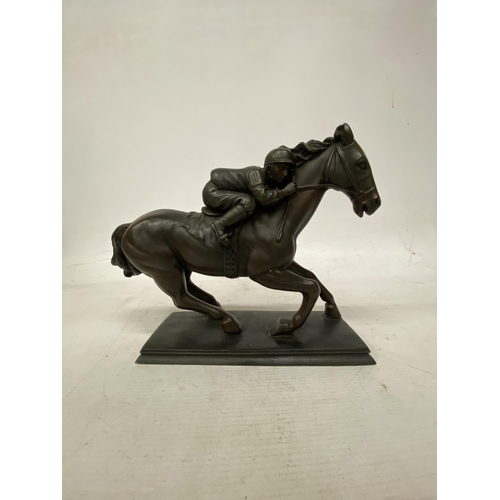 36 - A BRONZED MODEL OF A HORSE AND JOCKEY SIGNED CROSA 1997