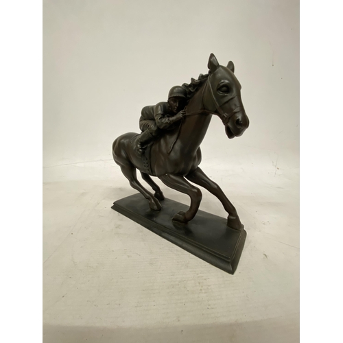 36 - A BRONZED MODEL OF A HORSE AND JOCKEY SIGNED CROSA 1997