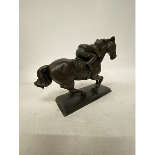 36 - A BRONZED MODEL OF A HORSE AND JOCKEY SIGNED CROSA 1997