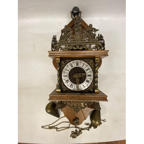 45 - A VINTAGE DUTCH WALL CLOCK WITH WEIGHTS AND PENDULUM