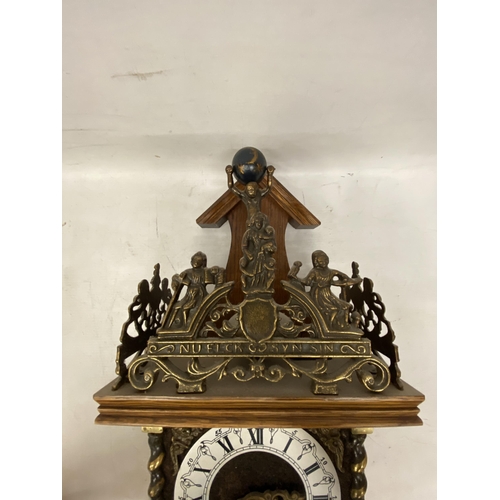 45 - A VINTAGE DUTCH WALL CLOCK WITH WEIGHTS AND PENDULUM