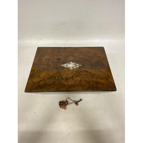 56 - A VINTAGE WALNUT WRITING SLOPE WITH MOTHER OF PEARL INLAY, KEY AND INK BOTTLE