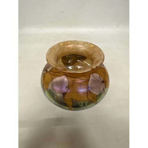 58 - AN OKRA GLASS IRIDESCDENT SQUAT VASE - 13 CM