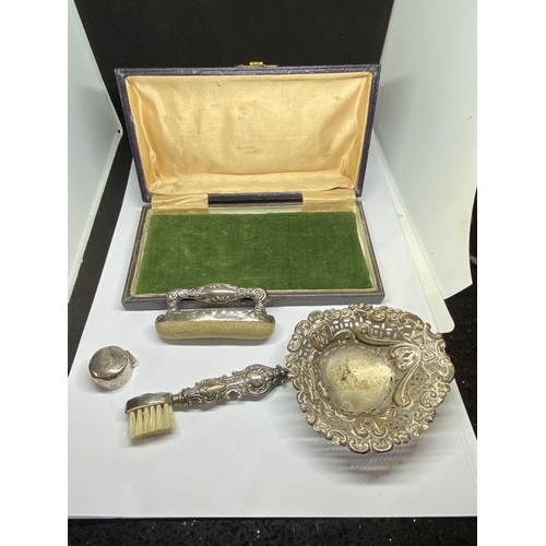 6A - THREE HALLMARKED BIRMINGHAM SILVER ITEMS TO INCLUDE A PIERCED DISH, TOOTHBRUSH AND NAIL BUFFER AND A... 