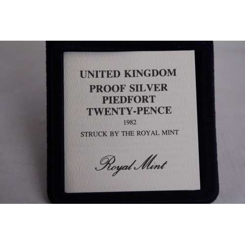 323 - A UK ROYAL MINT 1982 , 20 PENCE PIEDFORT , SILVER COIN BOXED WITH COA .