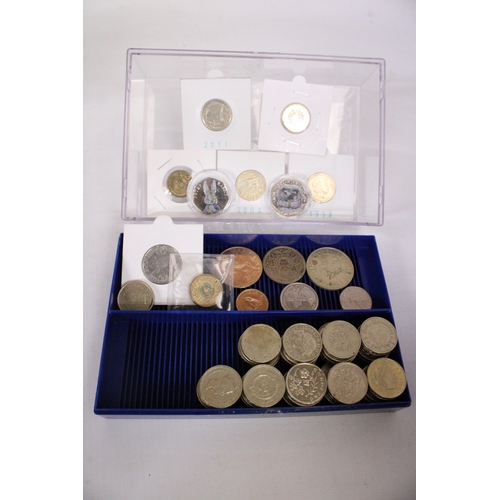 338 - A SMALL PLASTIC BOX HOUSING 46 X £1 UK COINS (UNCHECKED) PLUS VARIOUS OTHERS