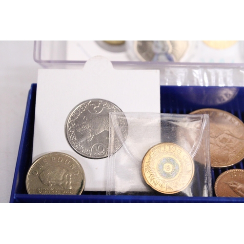 338 - A SMALL PLASTIC BOX HOUSING 46 X £1 UK COINS (UNCHECKED) PLUS VARIOUS OTHERS