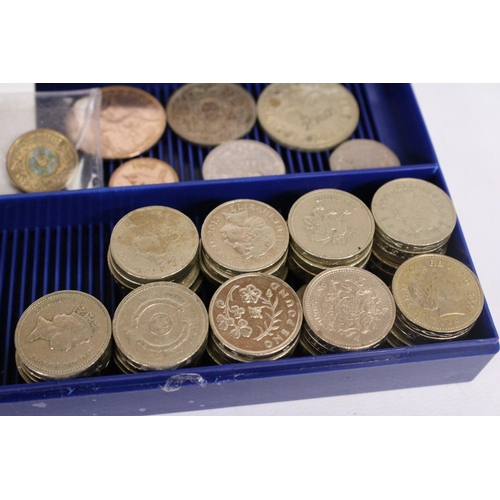 338 - A SMALL PLASTIC BOX HOUSING 46 X £1 UK COINS (UNCHECKED) PLUS VARIOUS OTHERS