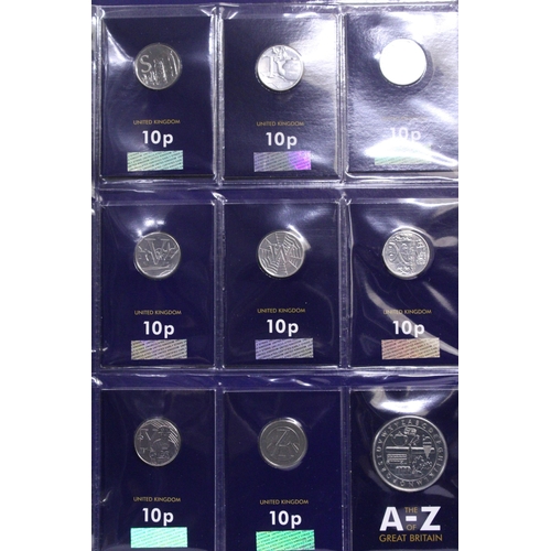 340 - A UK 2018 FULL SET A-Z  ALPHABET 10 PENCE COINS , ARRANGED IN APPROPRIATE BINDER .